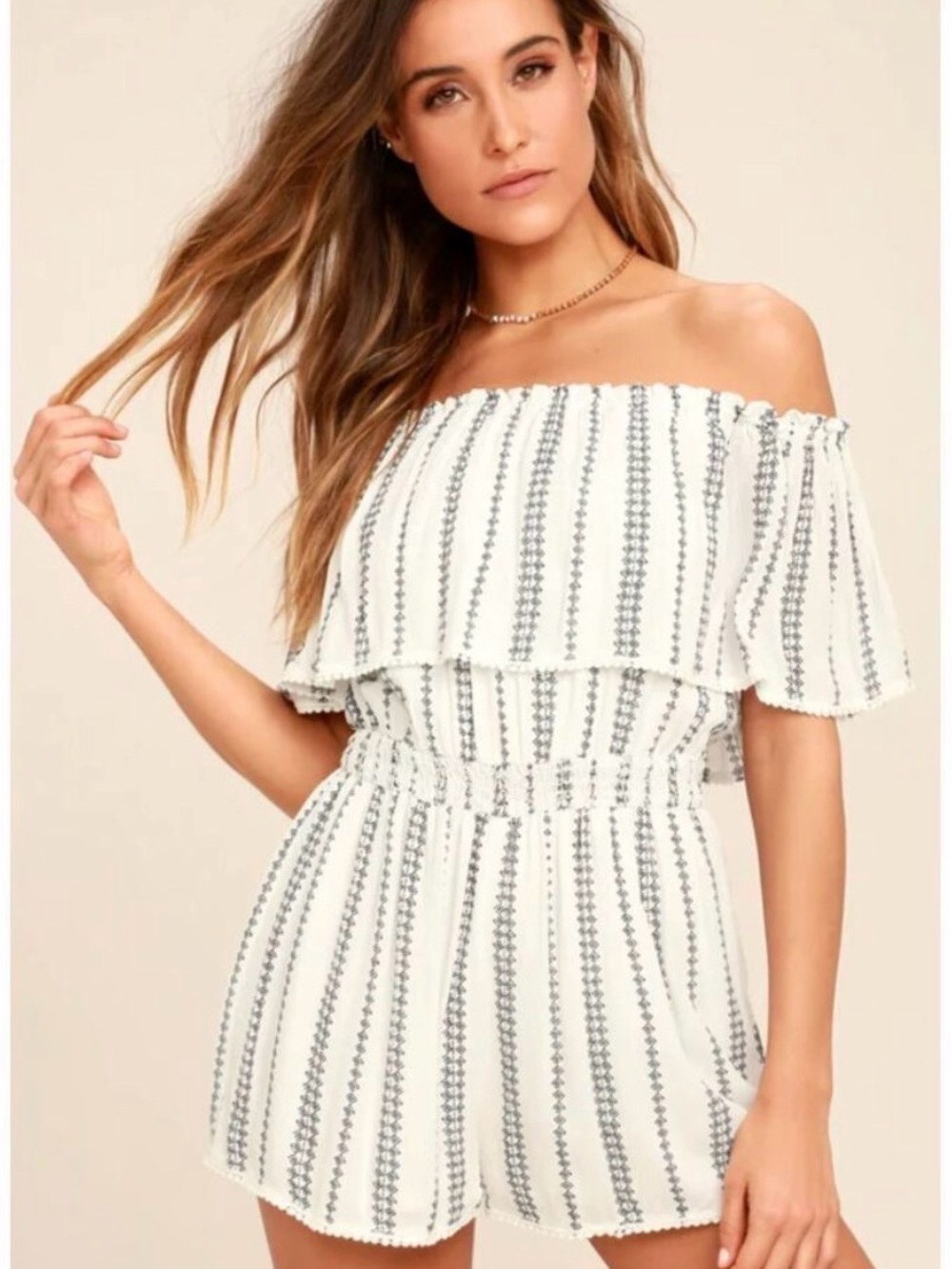 Lulu's White Off-Shoulder Striped Romper